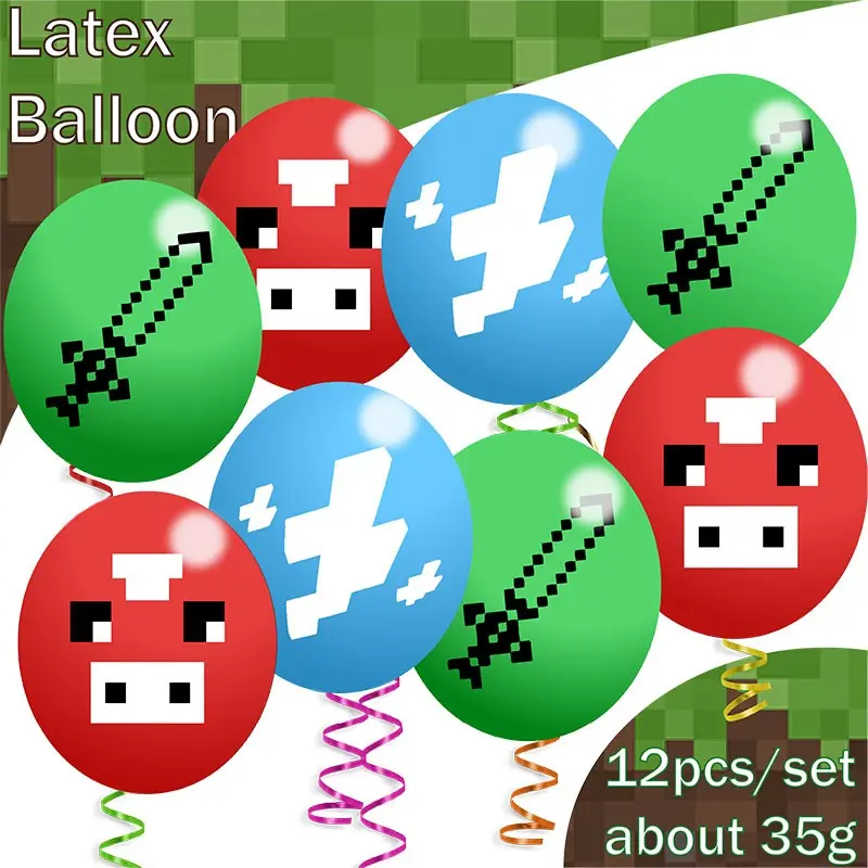 12-Pcs Retro Pixel Themed Party Balloons, Durable Latex Balloons for Birthday, Baby Shower, Kids Game Night Decor, 12 Pack