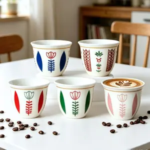 6/12 Ceramic Arabic Cawa Cup Set, Gift Box Coffee Cup Set, Eid Gahwa Espresso Cups, Palm Tree/tulip Design Coffee Cups, Cup Sets For Kitchen, Drinkware