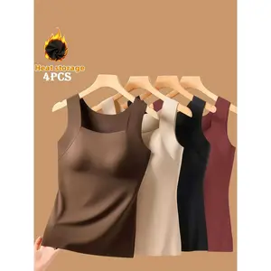 ELEGANT APPAREL CO.  Set of 4 Women'S Seamless Warm Tank Tops Featuring a Built-In Bra, Designed for a Slim Fit And Lift. Made from Skin-Friendly Fabric, These Sleeveless Tops Come with Wide Straps in Solid Black, Apricot, And Brown Colors. They Are Craft