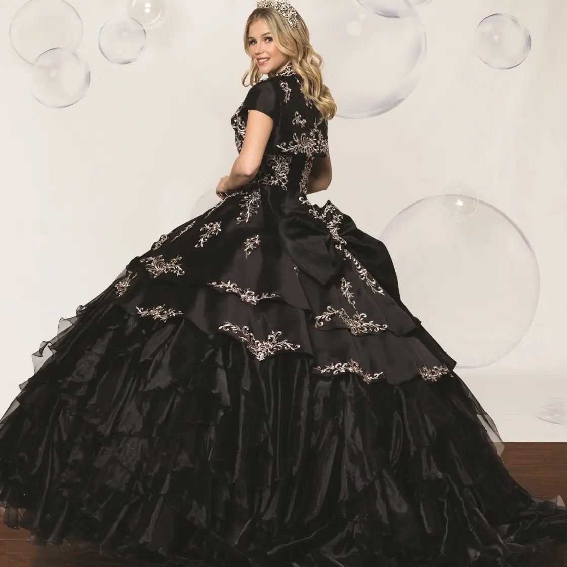 Lady's No.18 Full-Length Satin Ball Gown Quinceanera Dress - Layered Flounced Design, 15th Birthday Formal Elegant Statement Piece, Black