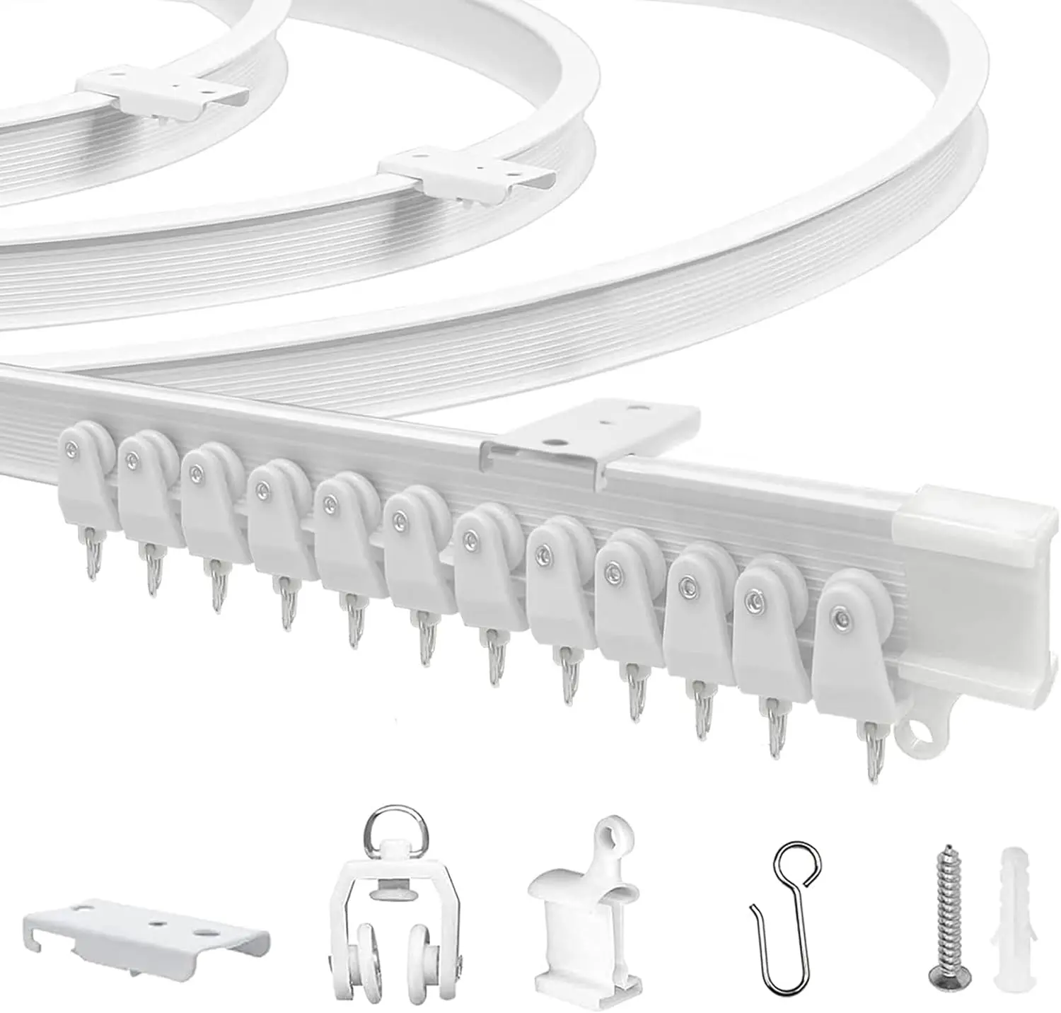 Ceiling-Mounted Flexible Bendable Curtain Track, 9.8ft (3m) Curved, PVC, Metal, Plastic & Stainless Steel Construction, White Curtain Track Accessory