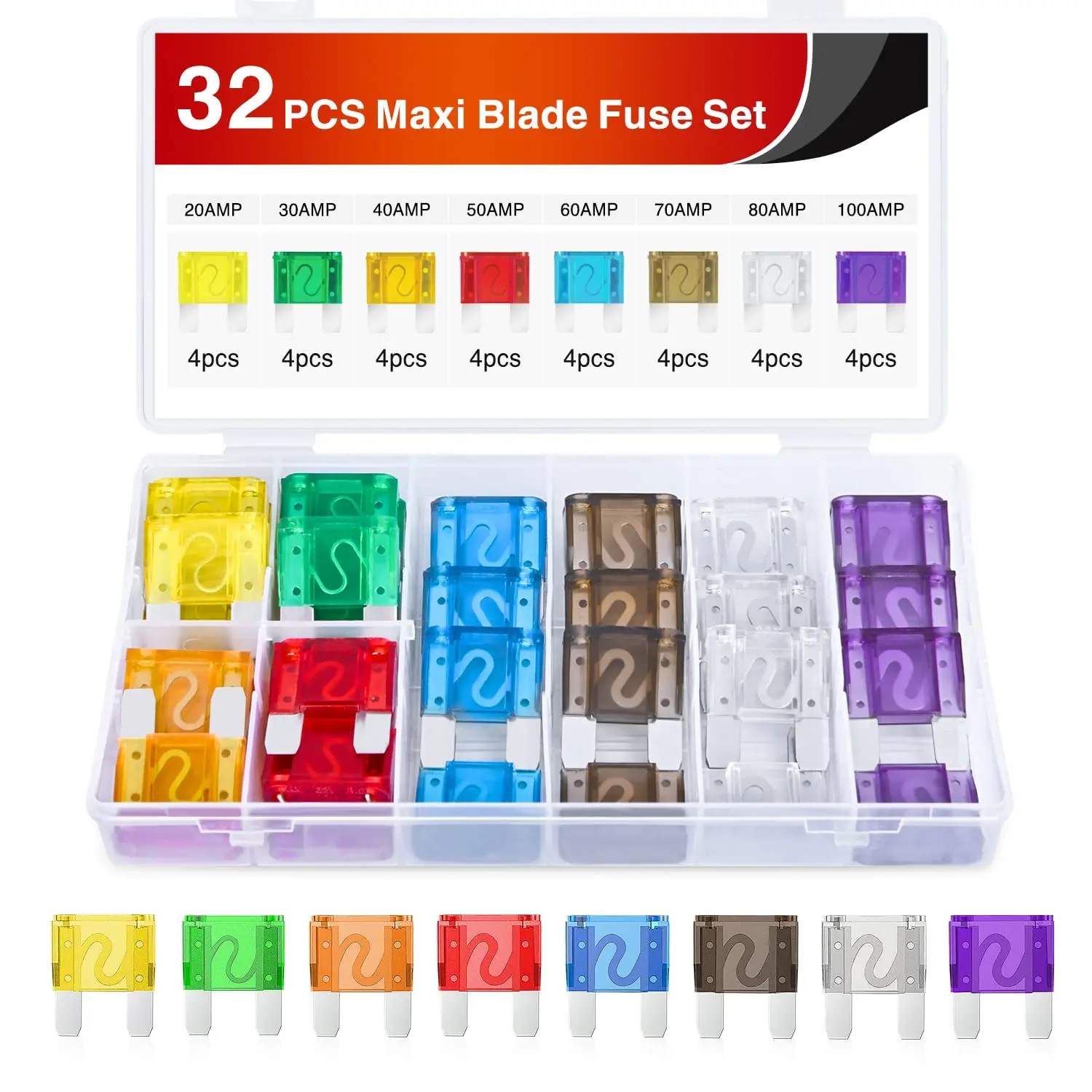 Nilight 32-Pcs Transparent Maxi APX Blade Fuse Replacement Kit - Zinc Alloy, 20A-100A Assortment (20A,30A,40A,50A,60A,70A,80A,100A) Car Accessory for Short Circuit Protection in Cars, Trucks