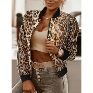 Women's elegant leopard print sequin zipper bomb jacket - casual open front design, long sleeves, spandex fabric women's top, fashionable jacket