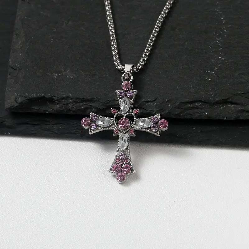 Gothic Boho Chunky Cross Necklace Women Bogadion Titanium Steel Punk Jewelry with Pink Diamonds Heavy Duty Y2K Layering Chain Statement Gift Idea