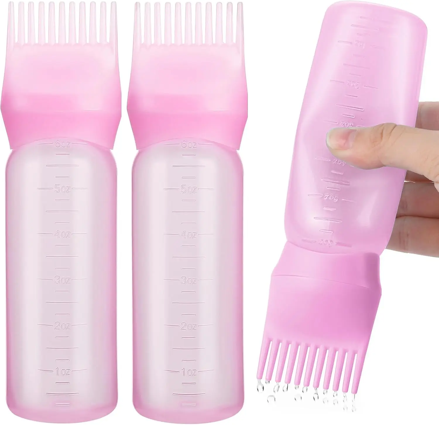 2 Pack Root Comb Applicator Bottle, 6 Ounce Oil Applicator for Hair Dye, Hair Oiling Applicator Hair Coloring Brush Bottle with Graduated Scale