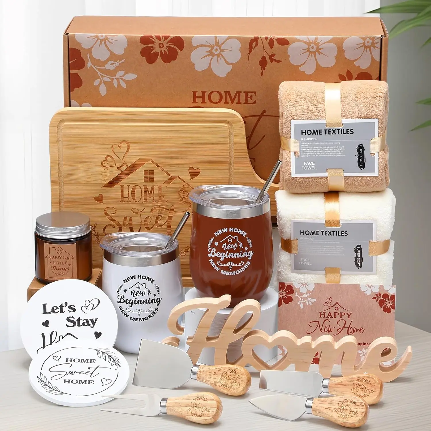 19 Pieces Housewarming Gifts — New Home Closing Gifts for Couples, Friends, Women, and Men; Home Buyers Gift Basket for New Houses and Apartments, Kitchen Gifts (Natural/Brown)