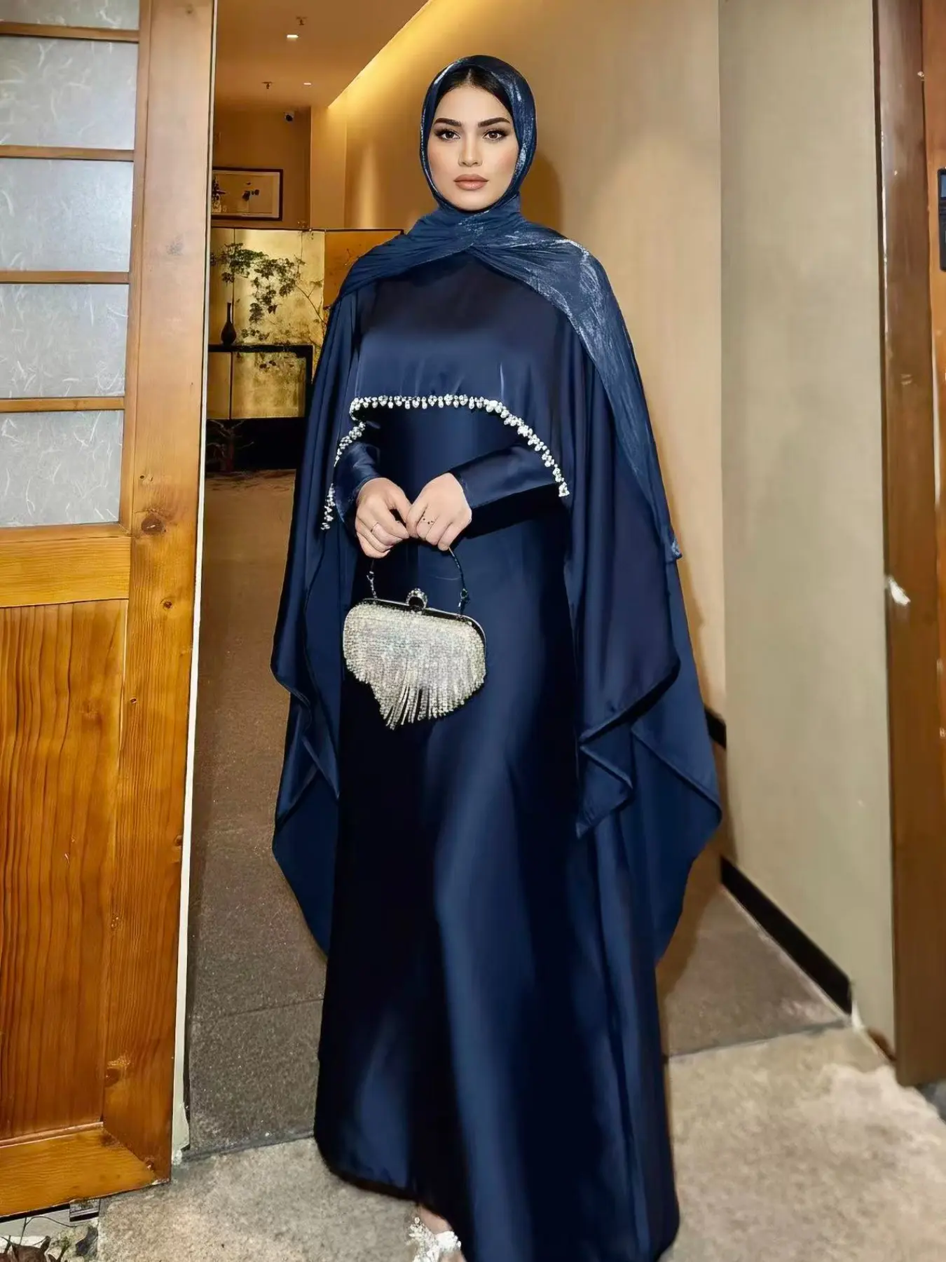 TWO-PIECE Elegant Satin Cape Dress, Occasion Islamic Abaya, Elegant Islamic Clothing, Modest Pearl & Crystal Embellished, Perfect for Special Events, Stylish and Comfortable