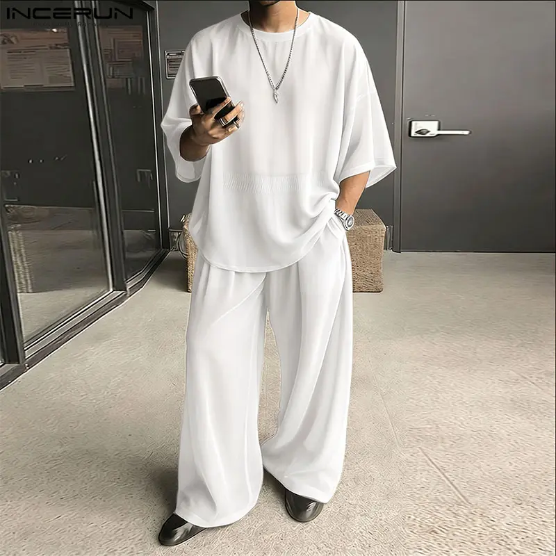 INCERUN Menswear Men's 2-Piece Oversized Minimalist Sheer Set - Spring/Summer Short-Sleeve Plain Design, Drapey Casual Chiffon-Feel Fabric, Cool Breathable Outfit for Hot Summer City Walks, Rooftop Parties, Shortsleeve, Men's 2 Piece Sets, 2 Piece Mens