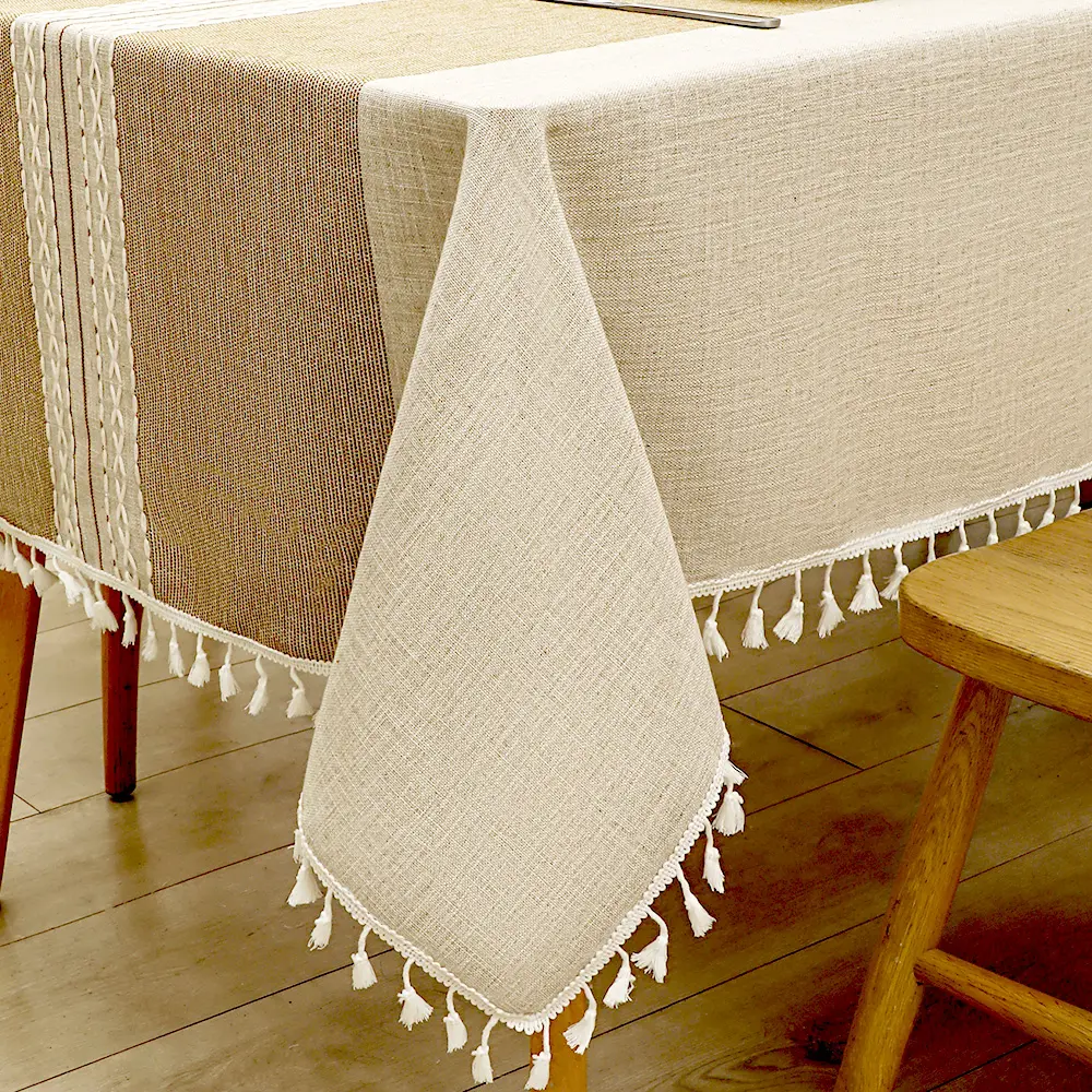 AIMHave Cotton-Linen Rectangular Tablecloth, 55in×86in Brown with Fringe, Wrinkle-Resistant Soft Fabric, Easy to Care and Maintain, Fits 6-8 Seats Farmhouse Dining Table, Garden Patio Kitchen Decor