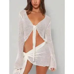 Women Beach Vacation Solid Long Sleeve Sexy Front Knot Cover Up And Mini Skirt 2-Piece Set Clothes Fabric Fit Womenswear Day Suits