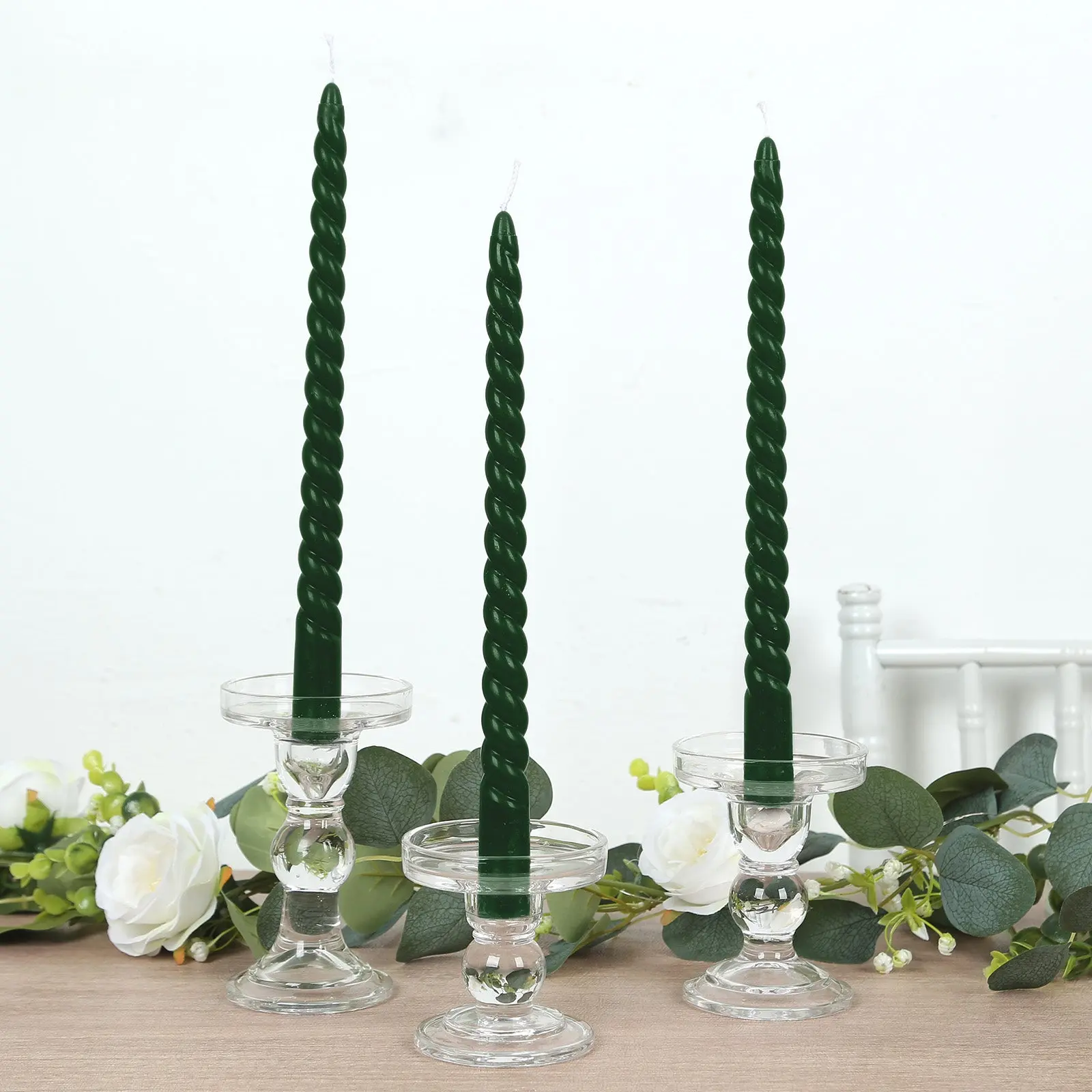 12 Pack Hunter Emerald Green Premium Spiral Long Burn Wick Taper Candles, Tall Unscented Wax Dinner Candle Sticks 11"