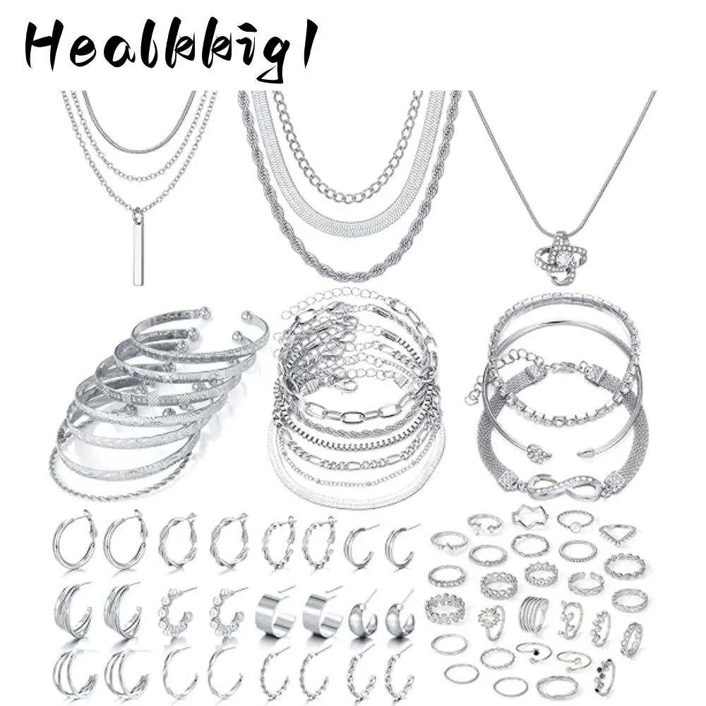59pcs Dainty Jewelry Set with Necklace Bracelet Earring Knuckle Rings, Stackable Knuckle Trendy Elegance Accessories Non Tarnish Minimalist Textured Boho Jewelry Gift for Women
