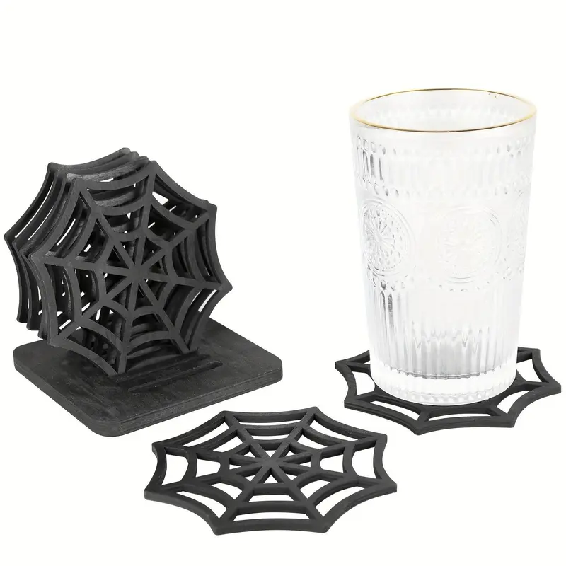 Spider Web Design Coaster, 6 Counts/set Creative Halloween Themed Coaster with Base, Heat Insulated Coasters for Drinks Decorative Coaster Kitchen Coasters for Home Kitchen Office Party Dining Room Decor