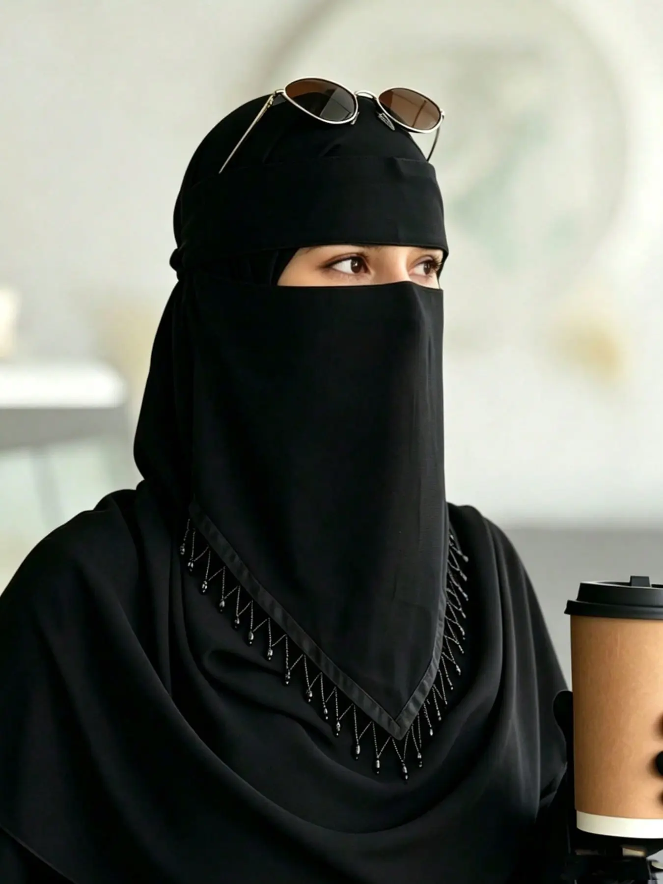 Middle Eastern Arab Women Fashion Chiffon Niqab, Elegant Basic Modesty Veil, Muslim Daily Wear, Summer Outdoor Sun Protection Face Mask, Unique Beaded Tassels Design