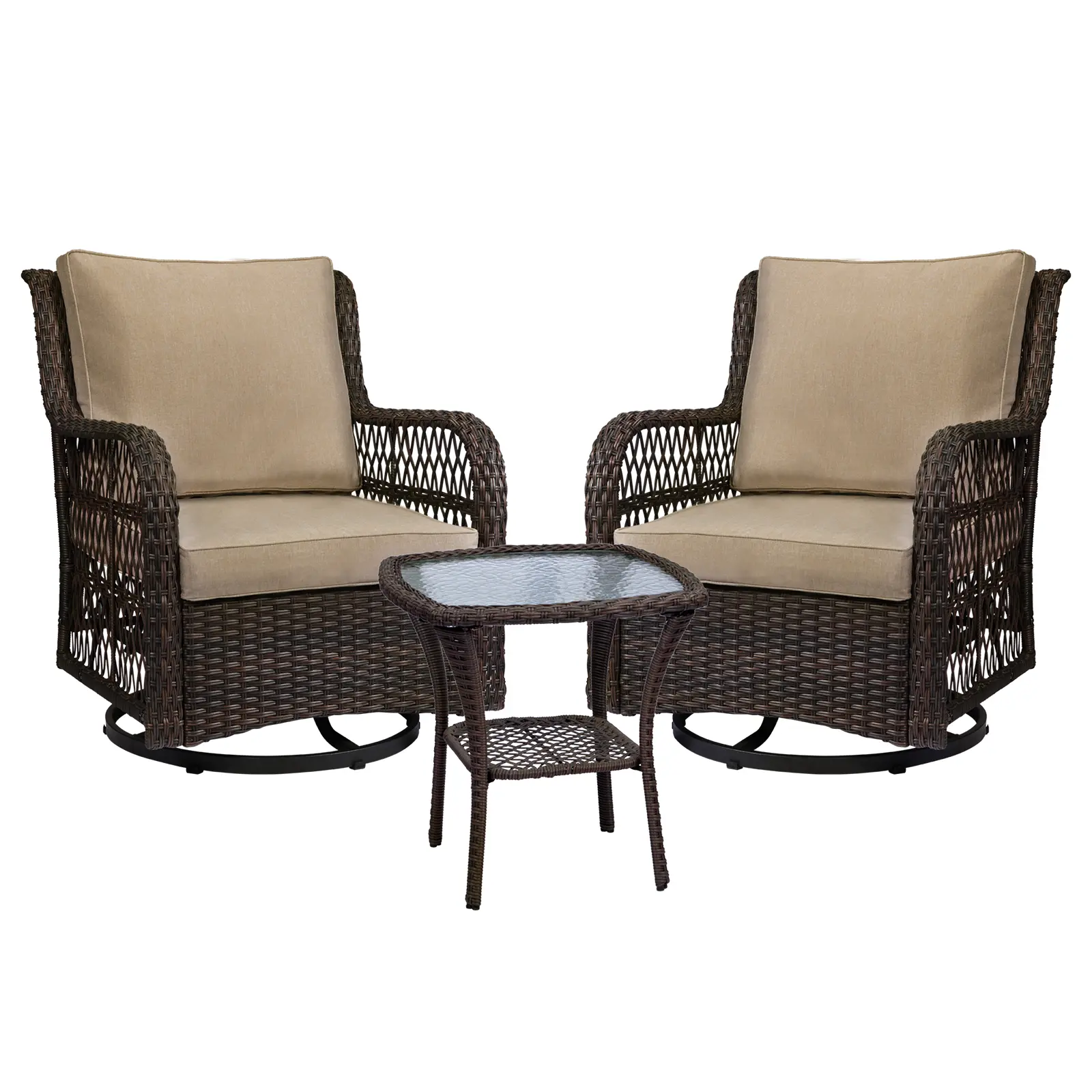 3-Piece Outdoor Swivel Rocker Bistro Set | Iron + Plastic Wicker | Apricot / Rust Finish | Cushioned Glider Chairs with Glass Side Table