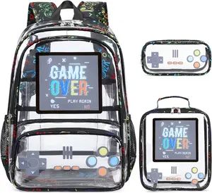 Clear Backpack for Boys, Clear Gamer School Backpack Heavy Duty with Lunch Bag and Pencil Case, Transparent See Through Bookbag Stadium Approved for Teen Boy  Elementary Middle High School