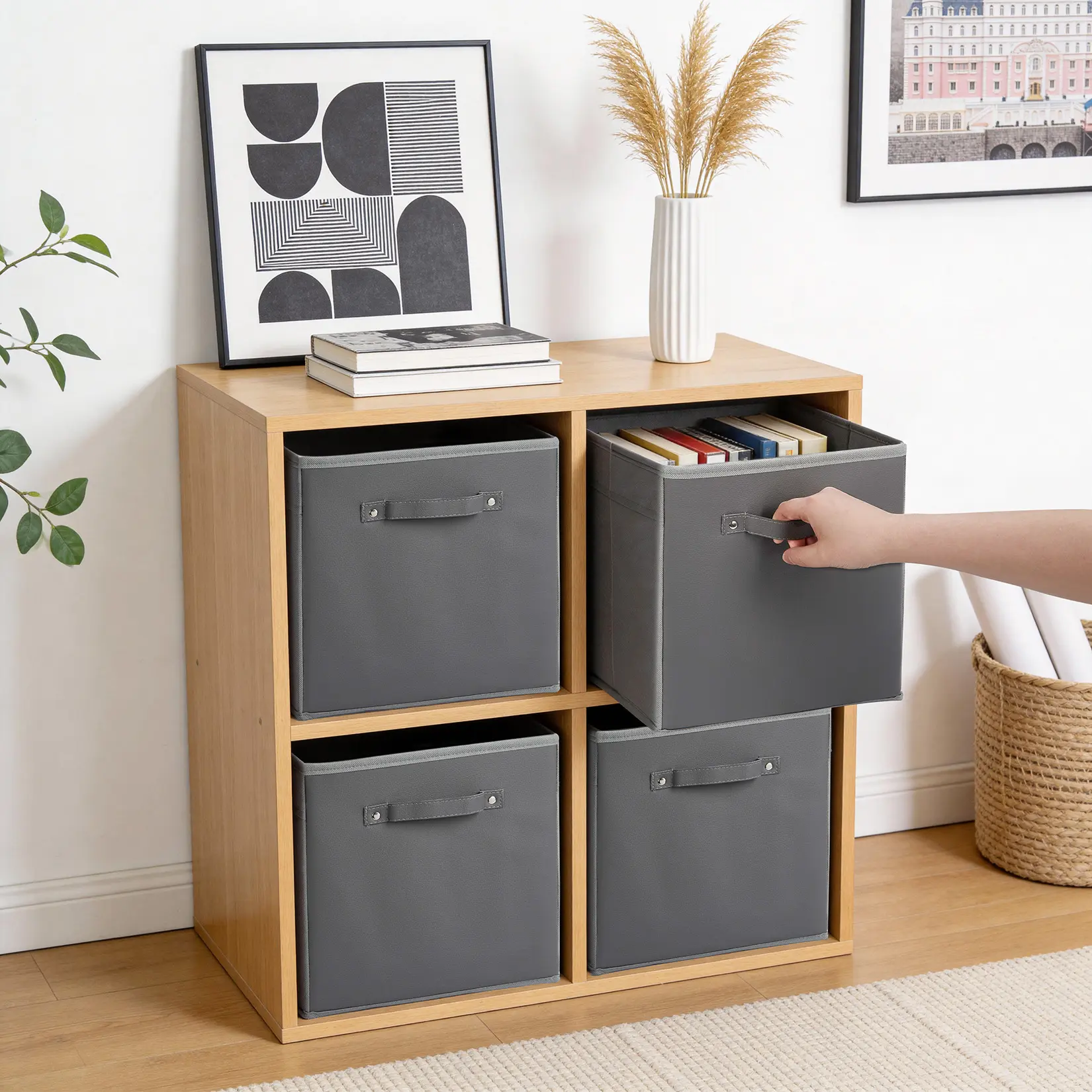 6-Pack Collapsible Fabric Storage Cubes 11 Inch Foldable Organizer Baskets with Faux Leather Handles Sturdy Space-Saving Bins for Closet Shelves Clothes Toys Books Home Organization Grey, Slide, Farmhouse
