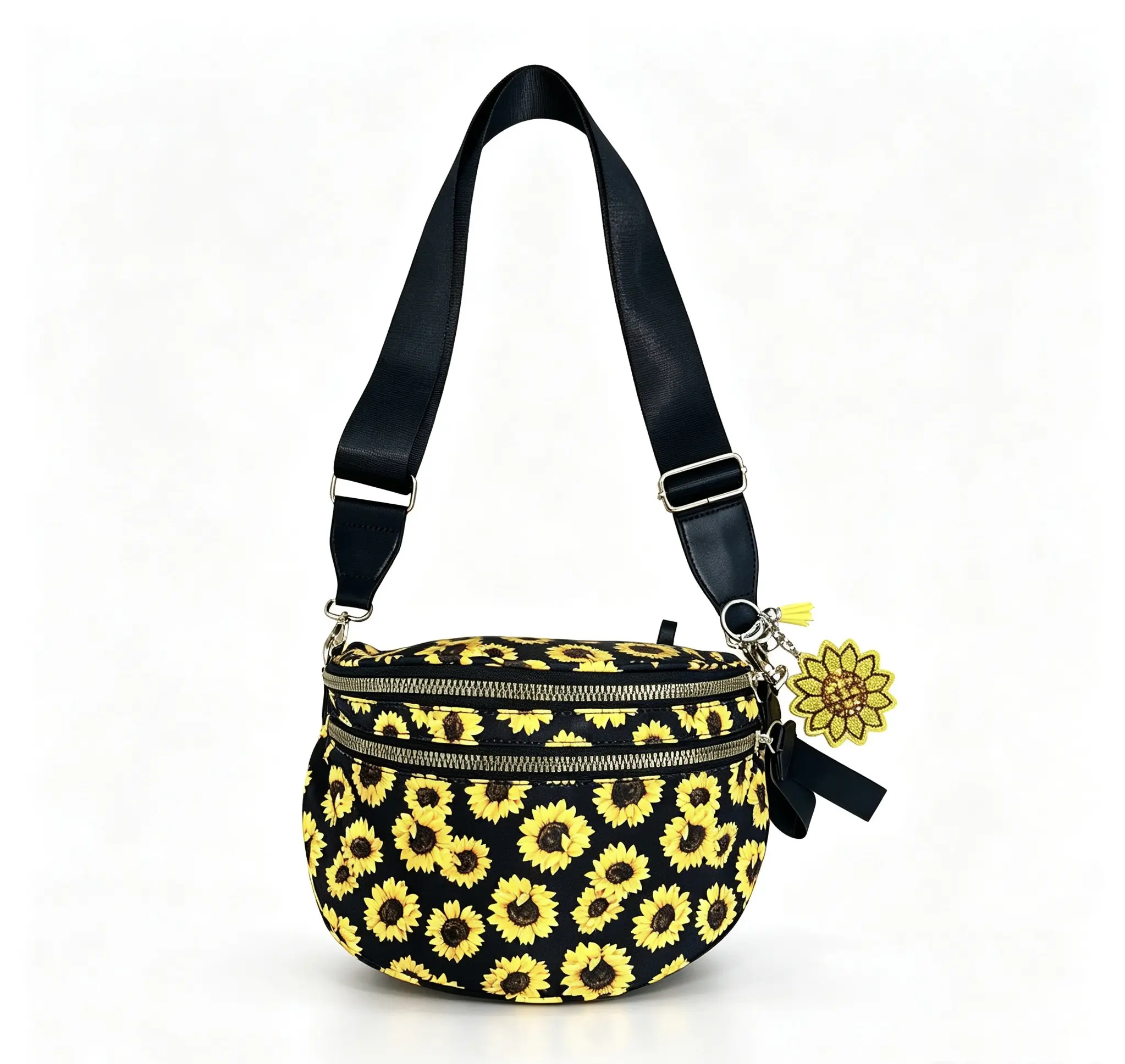 [CC SHOP]Black Sunflower Print Fanny Pack for Women, Waterproof Nylon Crossbody Belt Bag with Detachable Wide Adjustable Strap, Floral Pattern Sling Waist Purse for Travel Shopping Outdoor Daily Use