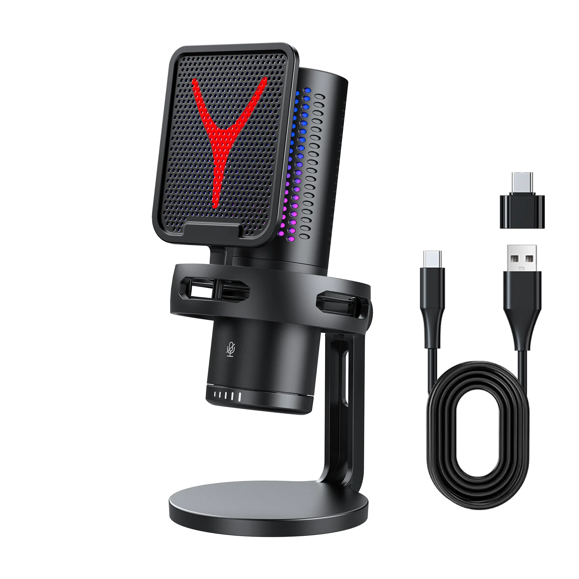 USB Gaming Microphone with Shockproof Stand, Miniature Live Streaming Mic with RGB Lights and Pop Filter, Plug-And-Play Noise-Canceling Condenser Microphone, USB Streaming Mic, Live Streaming Equipment