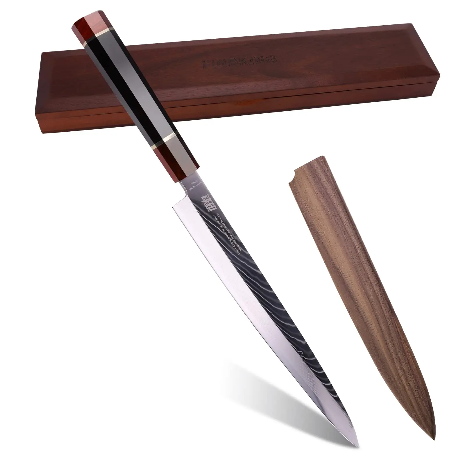 FINDKING Prestige Series 10.5in Single Yanagiba Chef Knife - Japanese SKD11 Damascus Steel Blade, Ergonomic Balanced Ebony Octagonal Handle, Walnut Cover, Precision Slicer Kitchen Cutlery with Wooden Gift Box for Sashimi Prep
