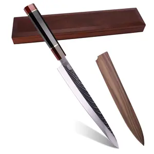 FINDKING 10.5 Inch Yanagiba Knife with Walnut Sheath, Japanese SKD11 Damascus Steel Blade, Ebony Wood Octagonal Handle, Professional Sashimi Sushi Fish Cutting Kitchen Knife, with Wooden Gift Box (Prestige Series)