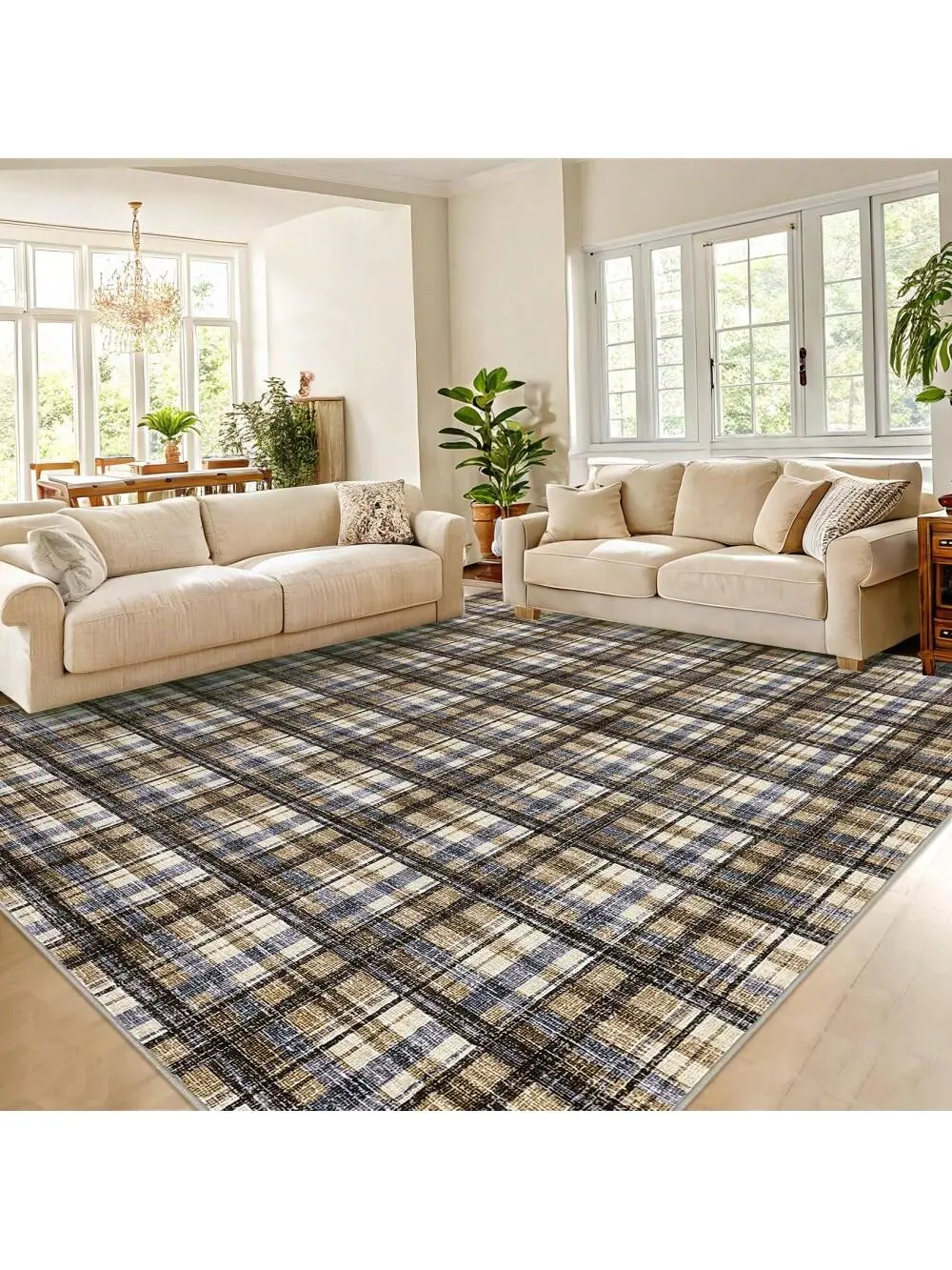 Blue Camel-9*12 feet Modern Plaid Machine Washable Area Rug Non Slip Non Shedding Throw Rugs Stain Resistant Pet Friendly For Bedroom Living Room Low Pile Ultra Thin Flodable Indoor Carpet For Dining Room Kitchen Nursery