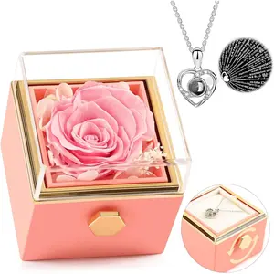 Preserved Real  Forever Rose Rotating Box with I Love You Necklace 100 Languages,Eternal Flower for Delivery  Mother's Day for Her Women Mom Grandma Wife Girlfriend