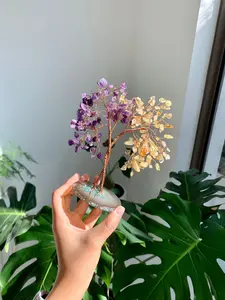 MollyGems Citrine & Amethyst Crystal Tree with Agate Slice Base Bonsai Money Tree of Life for Wealth and Luck Feng Shui Handmade Christmas Gift Idea