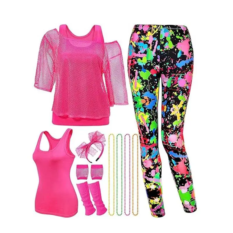 12-piece Set of 80s Women's Dance Fishnet T-shirt Vest Leggings Set Accessories