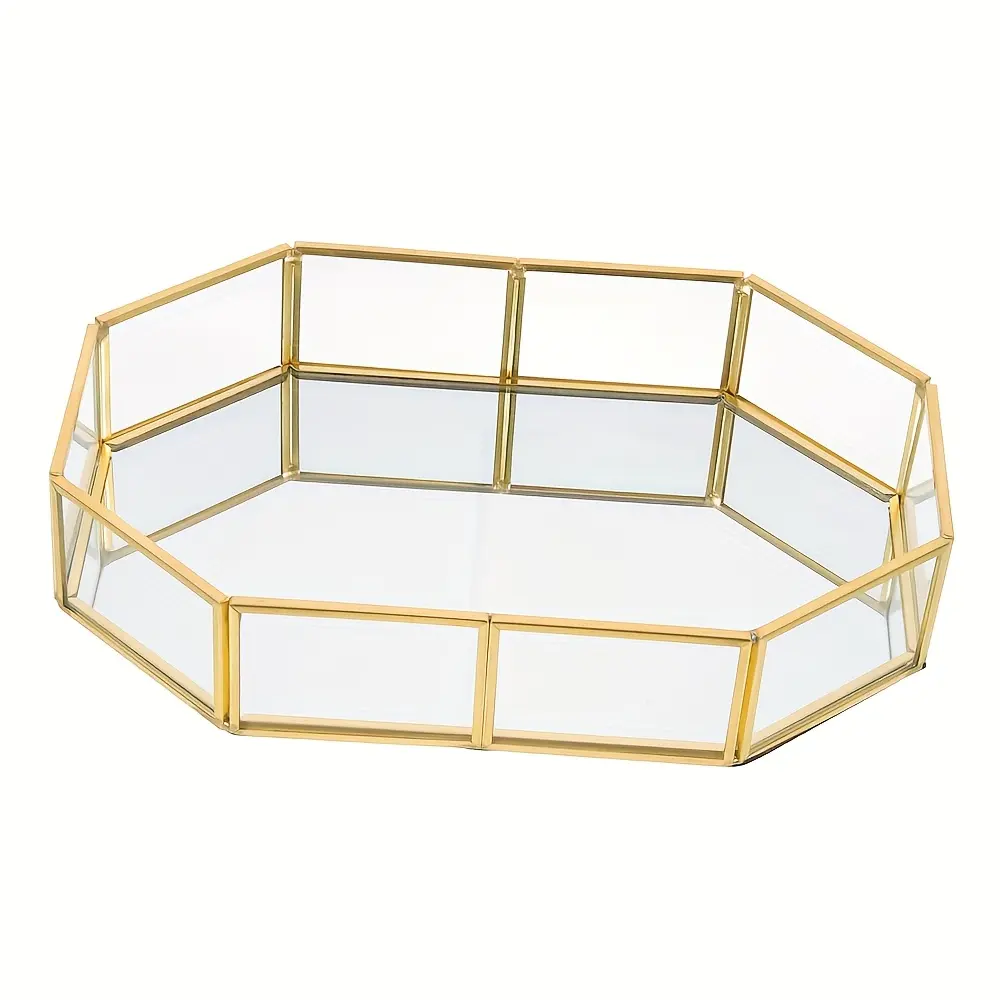 Decorative Metal Mirror Golden Ornate Vintage Octagonal Perfume Vanity Jewelry Storage Box Makeup Tray, Dresser, Bathroom Countertop Decorative Storage Home Bathroom Decoration Supplies, Bathroom Accessory