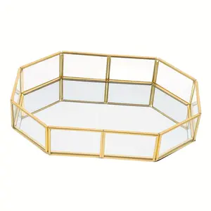 Decorative Metal Mirror Golden Ornate Vintage Octagonal Perfume Vanity Jewelry Storage Box Makeup Tray, Dresser, Bathroom Countertop Decorative Storage Home Bathroom Decoration Supplies