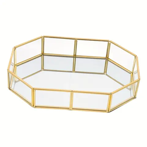 Decorative Metal Mirror Golden Ornate Vintage Octagonal Perfume Vanity Jewelry Storage Box Makeup Tray, Dresser, Bathroom Countertop Decorative Storage Home Bathroom Decoration Supplies, Bathroom Accessory