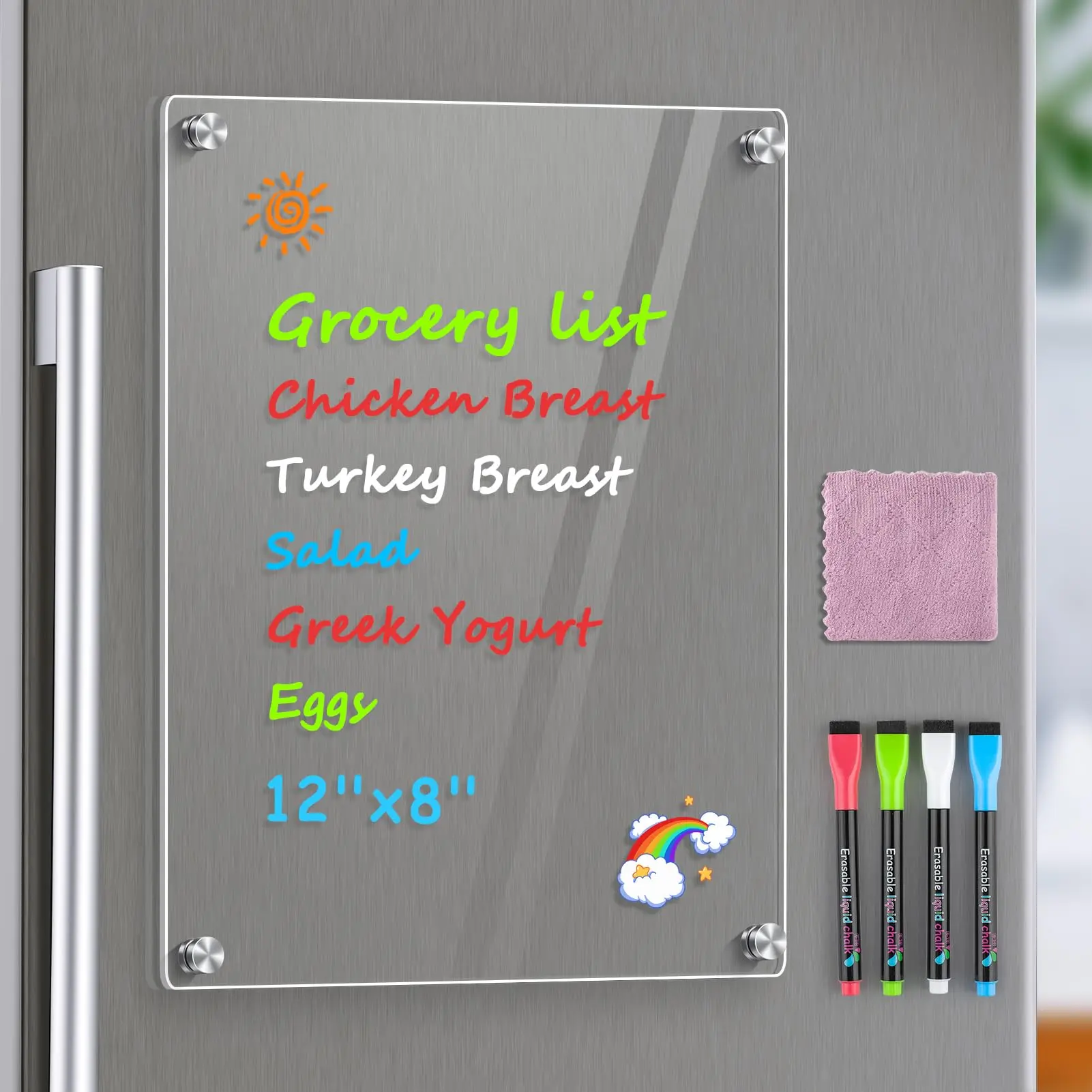 MaxGear Acrylic Magnetic Whiteboard for Fridge, Small Acrylic Material Clear Refrigerator Dry Erase Board with 4 Markers & 1 Cloth, Smooth-Writing Easy-Cleaning Blank Memo for Home Grocery List Planning