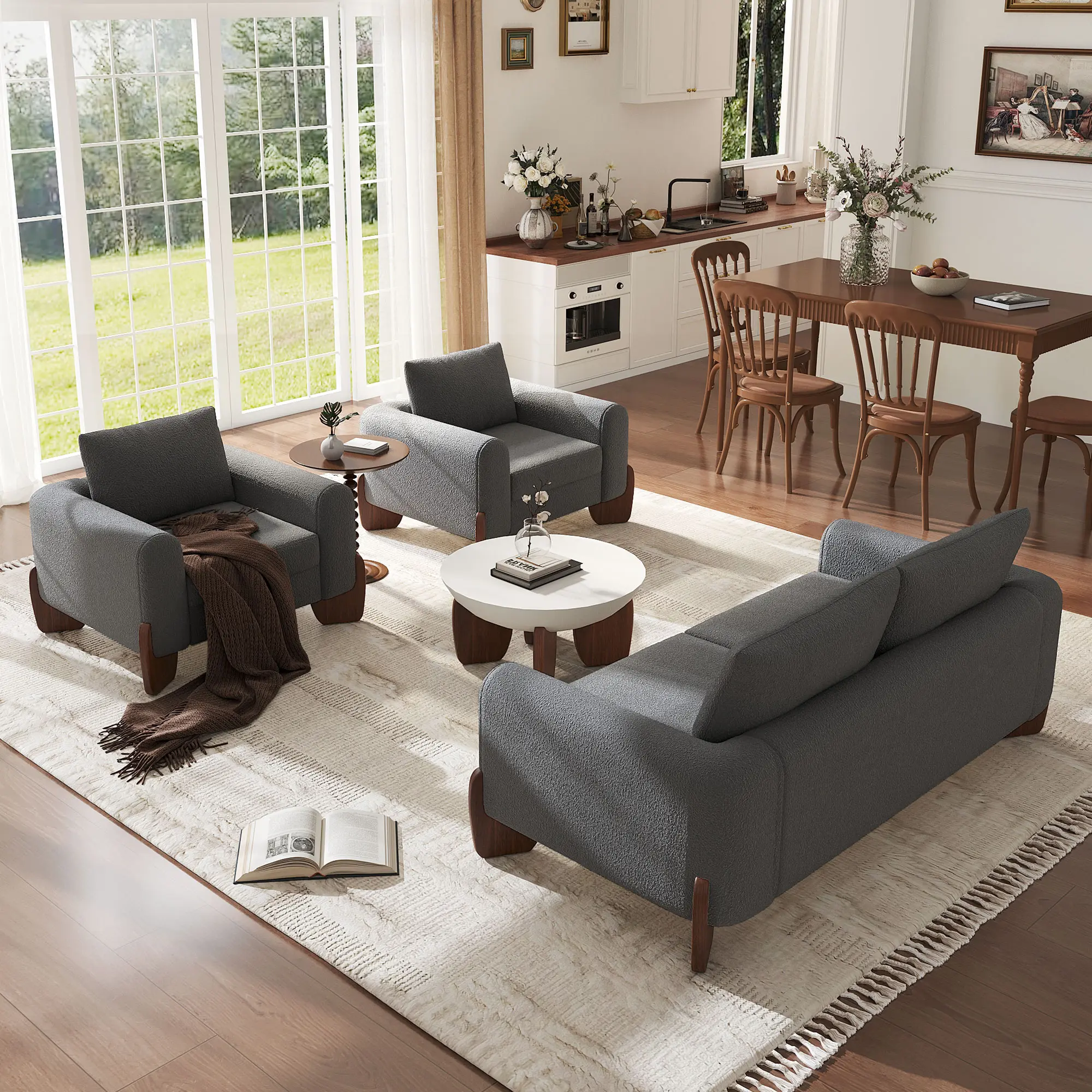 Modern 3-Piece Living Room Sofa Set with 1 Loveseat & 2 Armchairs, Soft Bouclé Fabric, Pinewood Frame & Rubberwood Legs, Comfortable Modular Sofa for Family Room, Apartment, or Lounge, Living Room Furniture for Apartment, Lounge, Family Room