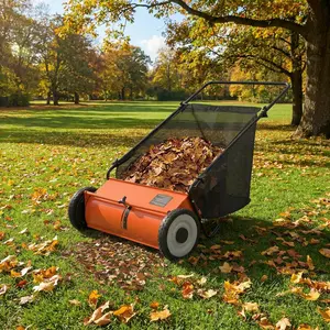 GAOMON Orange 26 Inch Heavy Duty Push Lawn Sweeper 4 Spinning Brushes Steel Frame 7 Cu. Ft. Adjustable Height Collector for Grass Leaves Yard Debris