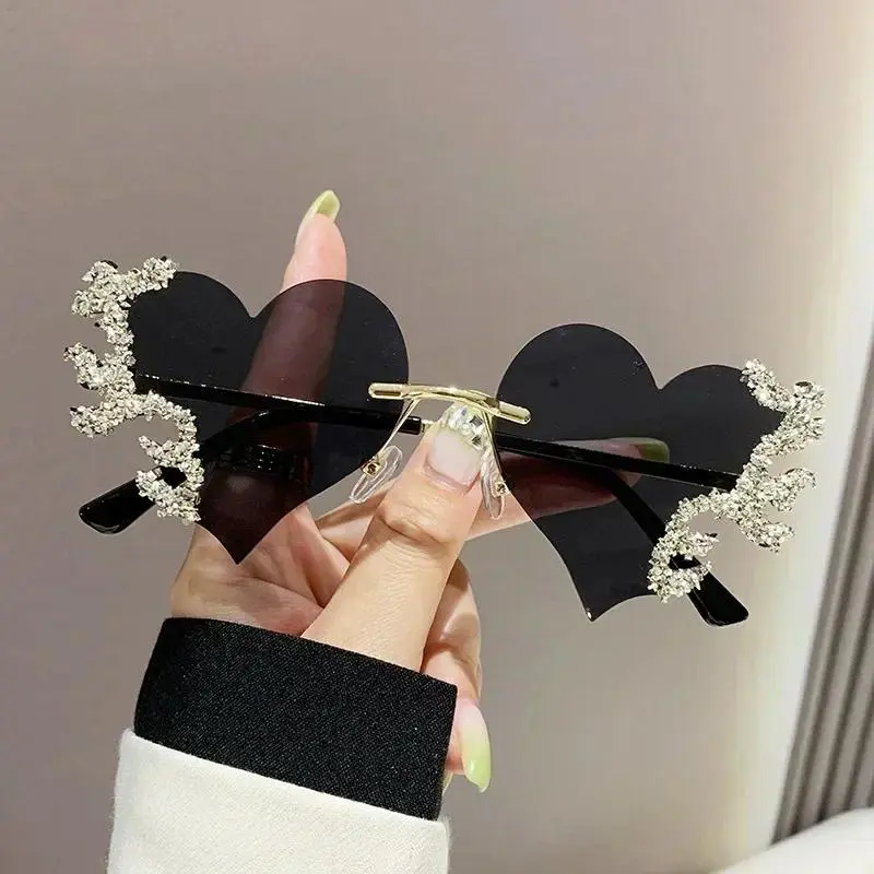 Women's Rimless Heart-Shaped Rhinestone-Accent Sunglasses - Accessories for Women, Natural Material Frames, UV-Protection Lenses, Lightweight Punk Party Fashion Eyewear, Women's Sunglasses
