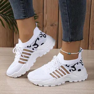 Women's Leopard Print Accent Knit Lace-Up Chunky Sole Sneakers Breathable Mesh Colorblock Comfort Shoes Non-Slip Platform Sole All-Season Indoor Outdoor Walking Gym Travel Shoes Yellow Pink White Black Blue Red - Footwear, Girl Footwear Training Trainer