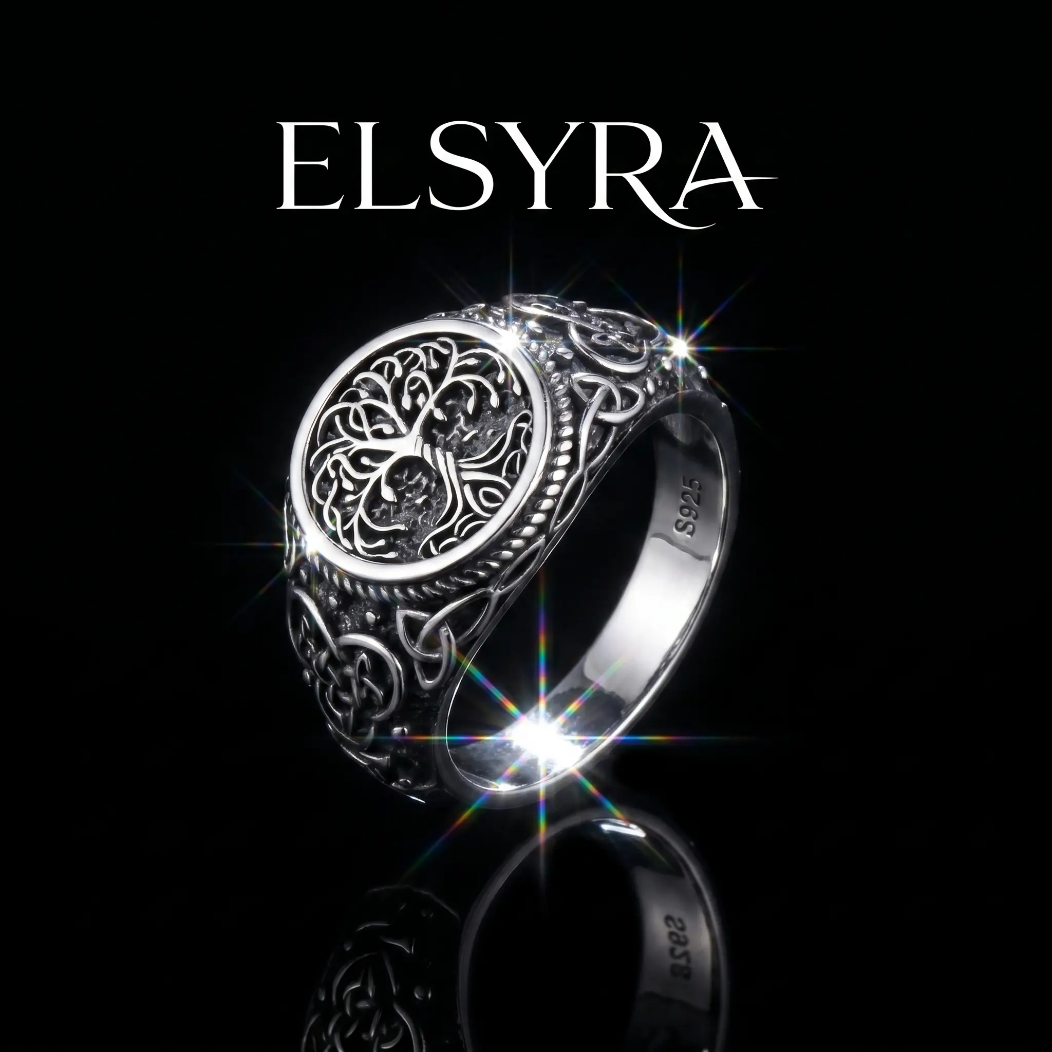 S925 Sterling Silver Unisex Tree of Life Wide Band Finger Ring - Antique Steel Norse Runes, Celtic Knots, Artificial Gemstone Vintage Jewelry for Adults, Pagan Icelandic Charm Daily Accessory Creative Gift