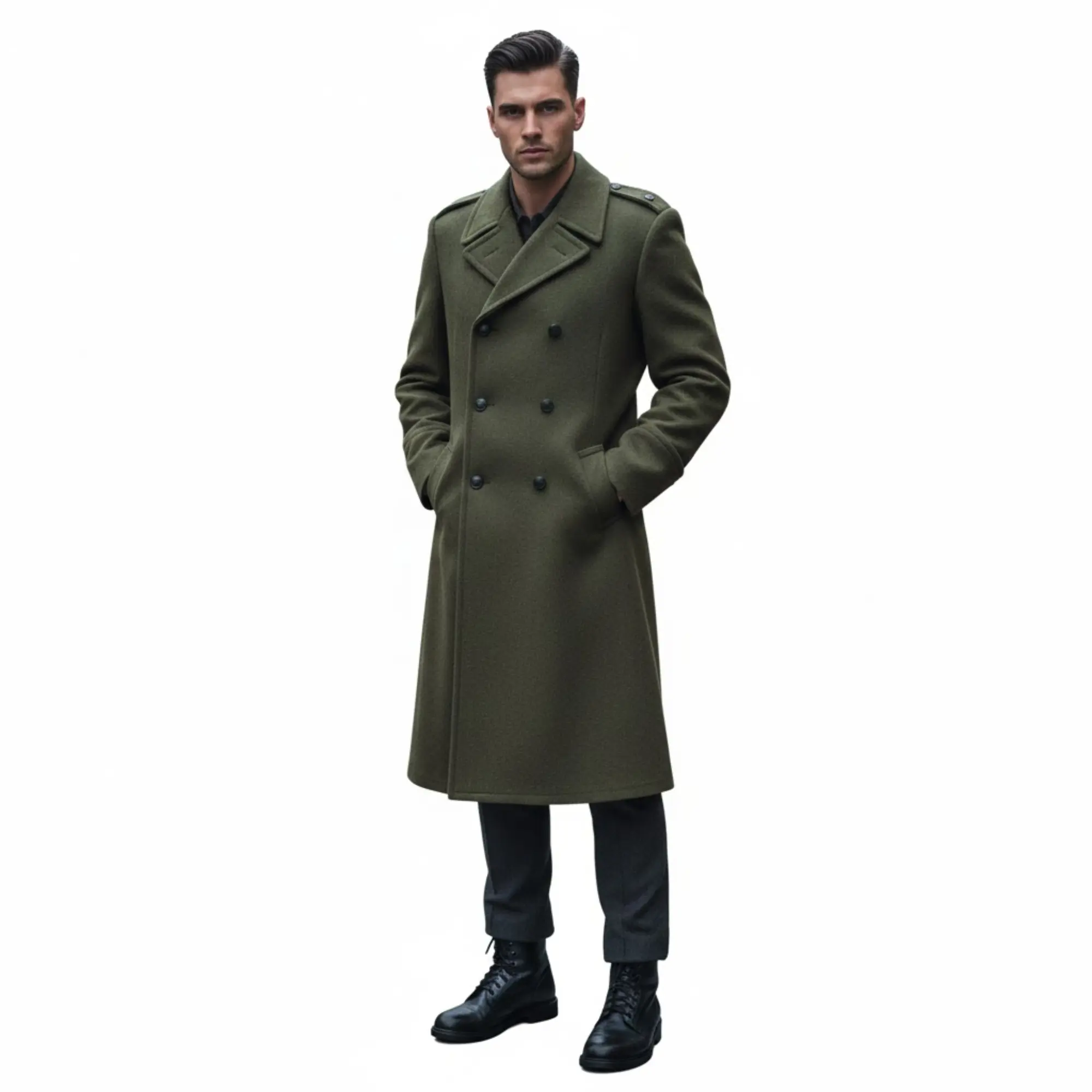 Men's Warmest Army Green Wool Overcoat Classic Military Officer Greatcoat with Double-Breasted Design Epaulets & Half-Belt for Formal Winter Wear