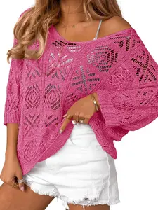 FISOEW Womens Crochet Cover Up Top Summer 3/4 Sleeve Off Shoulder Sweater Shirts Mesh Boho Beach Swimsuit Coverup Clothing Pink crochettops Outfit
