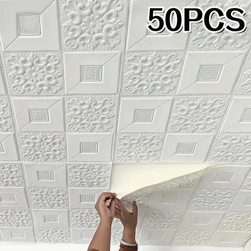 50 Sheets Self-Adhesive Waterproof Decorative Wallpaper Peel and Stick, 3D Square Wallpaper for Bedroom Living Room Ceiling Decoration, Easy Installation Home Decor