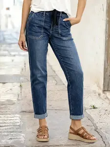 Women's Drawstring Pocket Jeans, Long Pants with Adjustable Waistband, Comfortable Fit for Daily Wear, Trendy Design for All Seasons