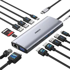 3 Monitors Docking Station Dual HDMI 4K@60Hz Display 14-in-1 USB C Hub with VGA 5 USB-A 1 5G USB-C 100W PD Ethernet Mic/Audio SD/TF Card Reader Compatible with Dell XPS/HP/Lenovo/Surface