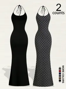 Women's Sexy Halter Neck Sleeveless A-Line Long Dress Set, Leopard Print Polka Dot Full Body Pattern, Slimming Design, Versatile Classic Style, Summer, Casual Wear