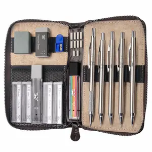 Best-selling 2024 classic leather case metal mechanical pencil set, 5 sizes, 0.3, 0.5, 0.7, 0.9, 2 mm, automatic pencil, sketching pencil, drawing pencil, metal mechanical pencil
