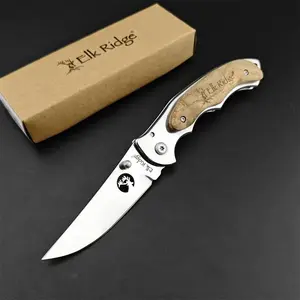 Outdoor Camping BBQ Folding Knife, Maple Wood Frame Multi-Function Knife, 440C Polished Blade, Wooden Handle, Leather Case, Hiking Tool, Portable Multipurpose Knives