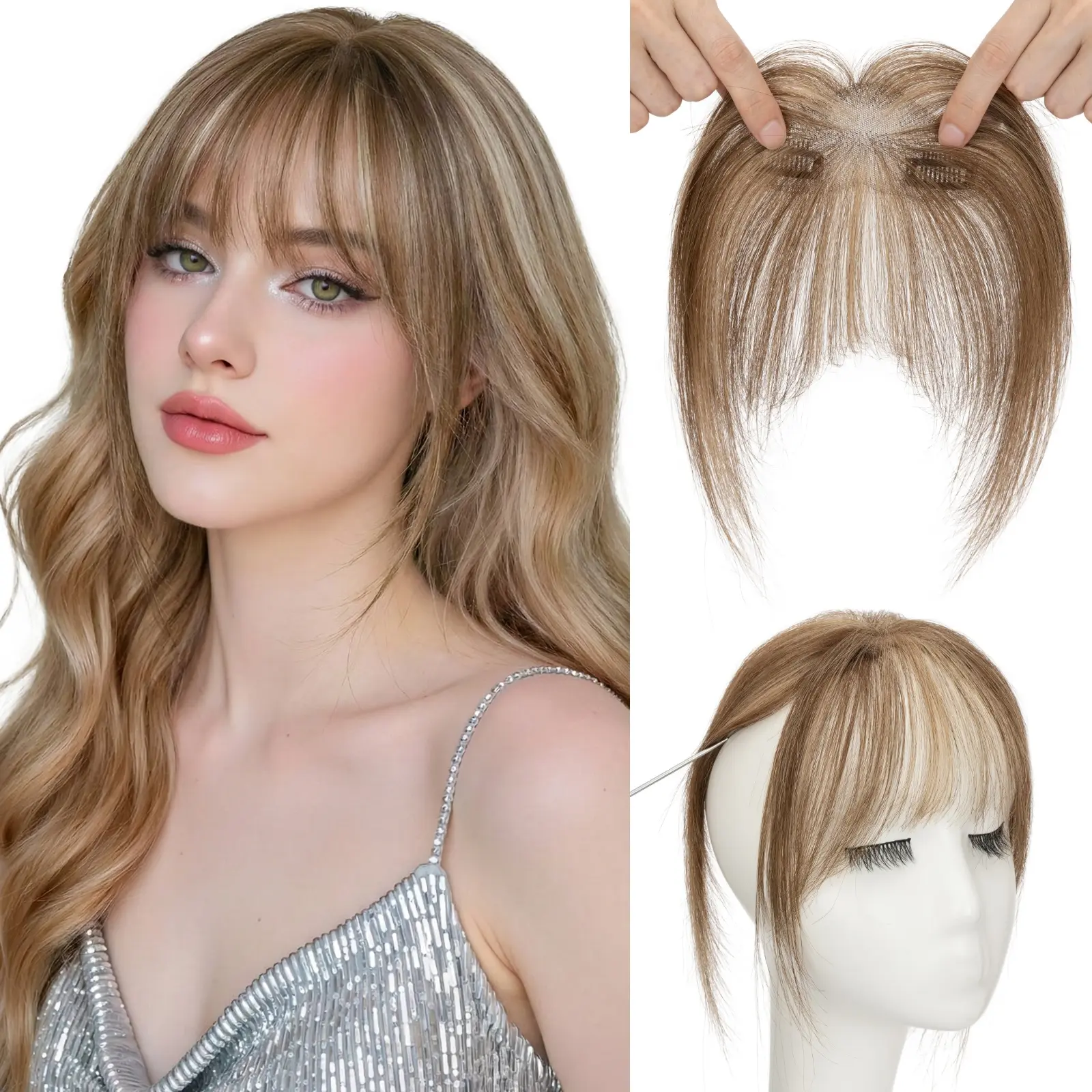SEGOHAIR Real Human Hair Clip-in Bangs Hair Toppers for Women, 12.5 Inch Wispy Air Bangs with 5"x12" Hand-Tied Lace Base, 2 Secure Clips, Breathable No-Tangle Lightweight Hairpieces for High Hairline & Gray Hair Coverage, Natural & Comfortable Daily Wear