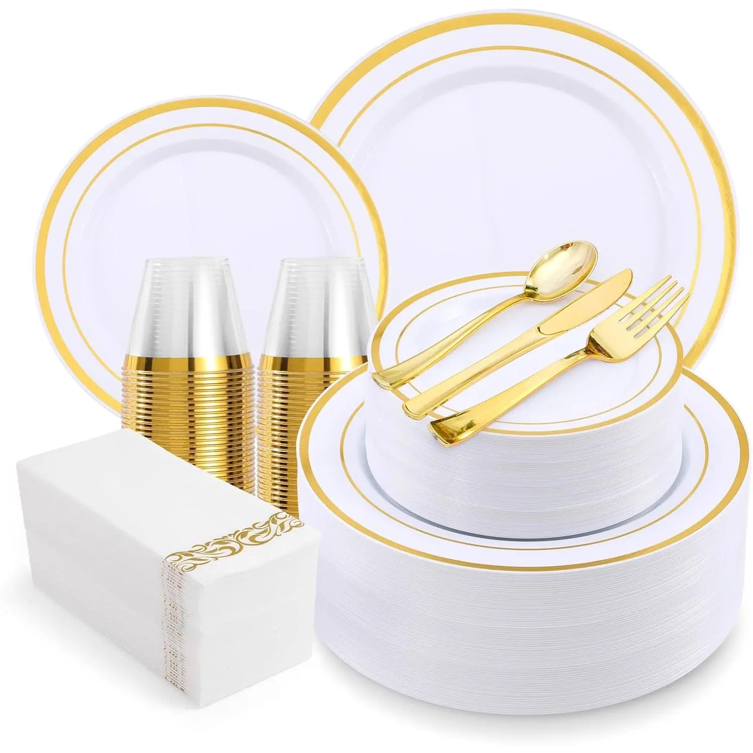 700-  Rim Plastic Dinnerware Set for 100 Guests, Elegant Disposable Dinnerware for Party, Wedding. Includes Dinner Plates, Dessert Plates,  Silverware, Napkins, Cups