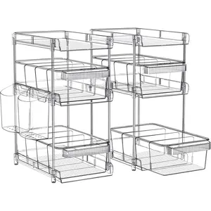 Clear Bathroom Organizers 2 Sets 3 Tier, Pull Out Organizer and Storage with 2 Cups, Slide Out Drawer Storage Container with 6 Dividers, Multi-Purpose Bathroom Organizer, Kitchen Under Sink Organizer