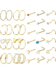 34PCS 22g Nose Rings Set - Women & Men Surgical Steel Nose Piercings Kit - Hoops, L-Shaped, Stud, Screw - Hypoallergenic Body Jewelry
